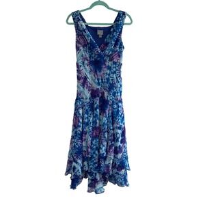 Vintage Y2K Tie Dye Handkerchief Hem Dress Blue Purple Size 10